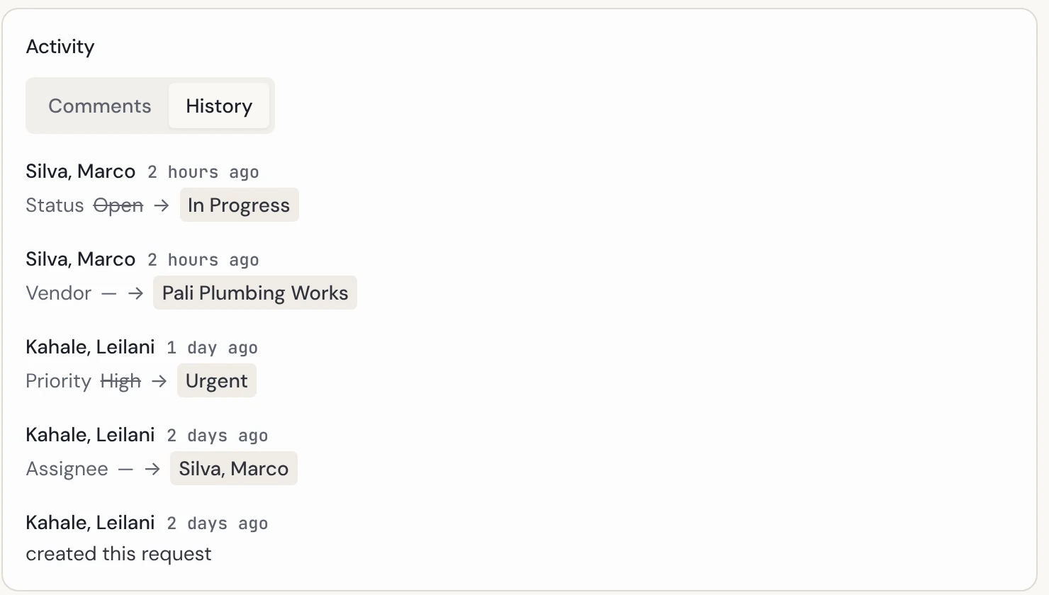 A maintenance request's history: who changed the status, vendor, priority and assignee, and when