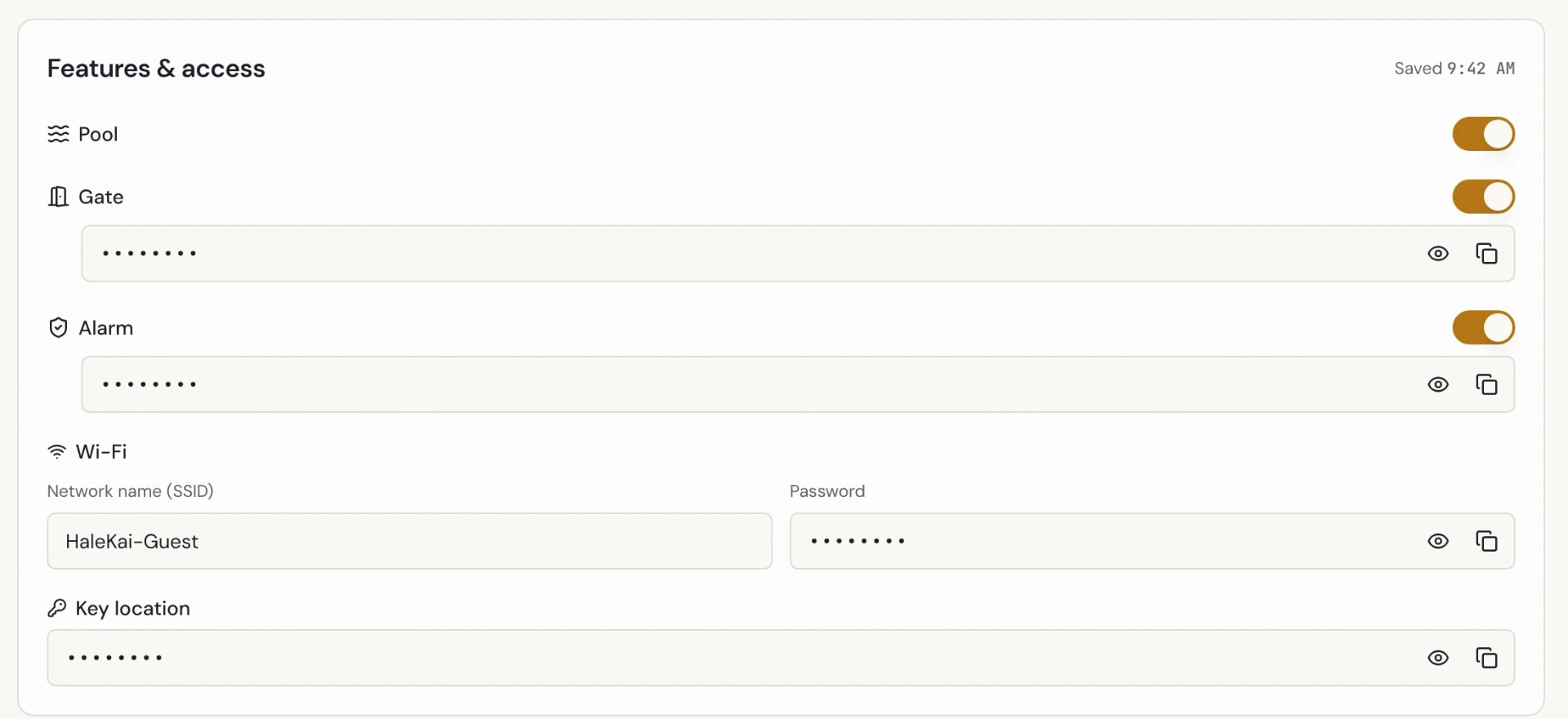 Gate code, alarm code, Wi-Fi password and key location shown masked, each with reveal and copy buttons