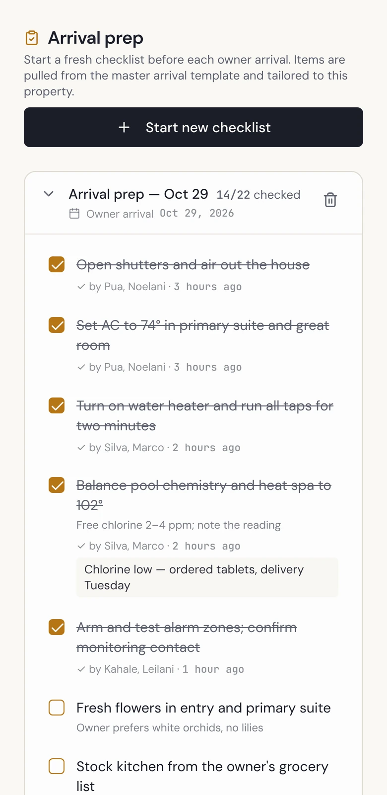 An arrival checklist on a phone, items checked with names and times