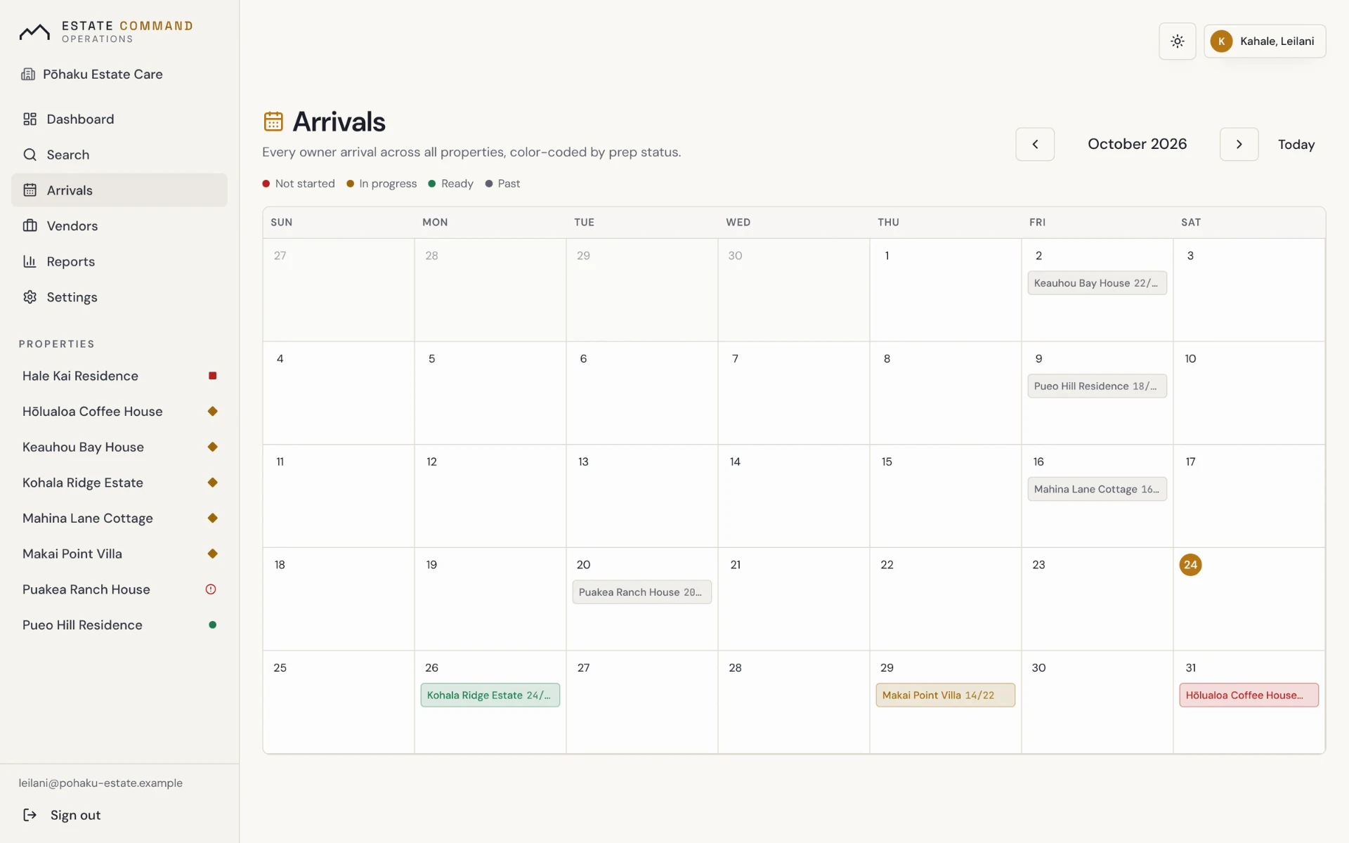 Month calendar of owner arrivals across all homes, colored not started, in progress, ready or past