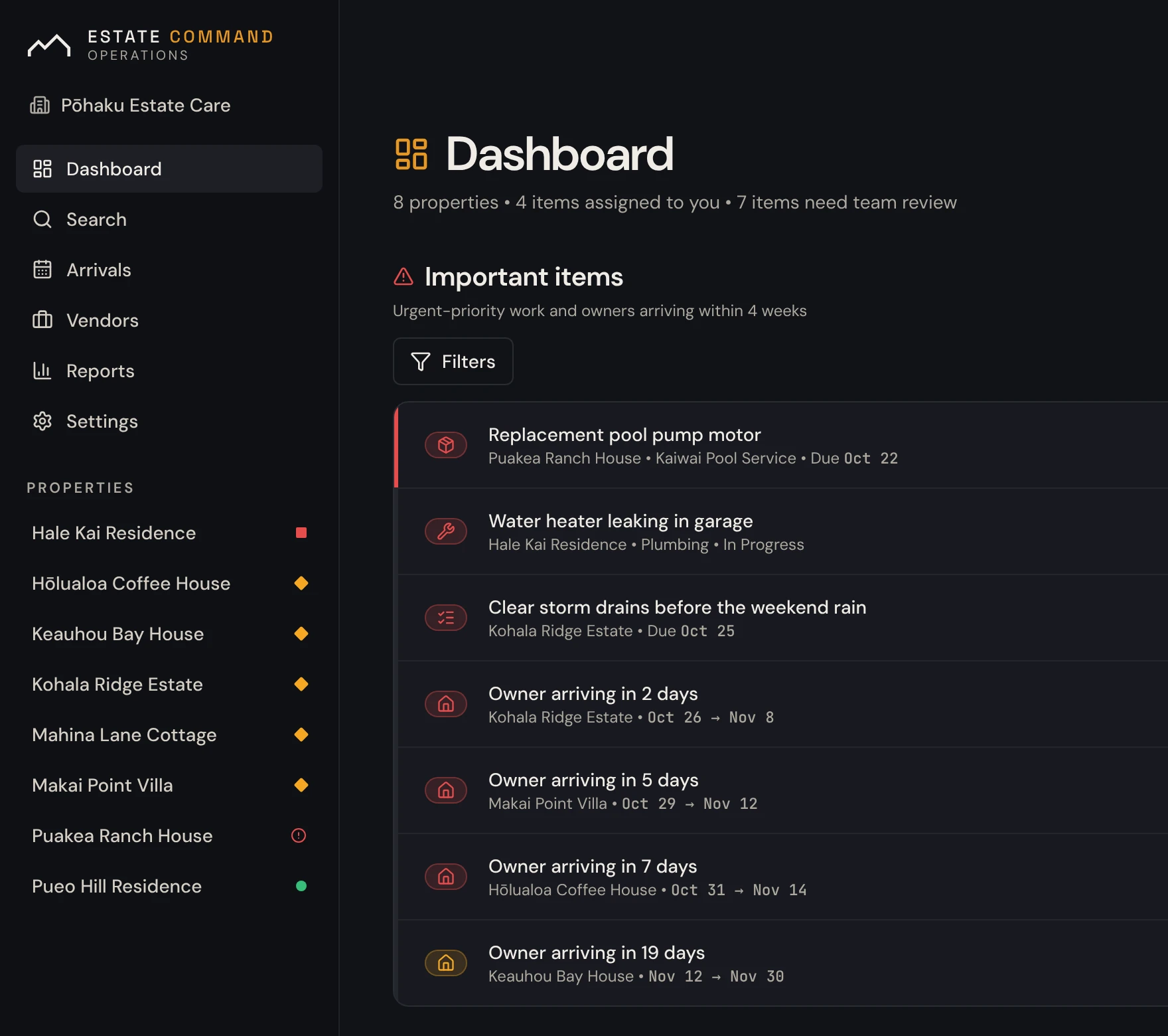 The Dashboard in the dark theme